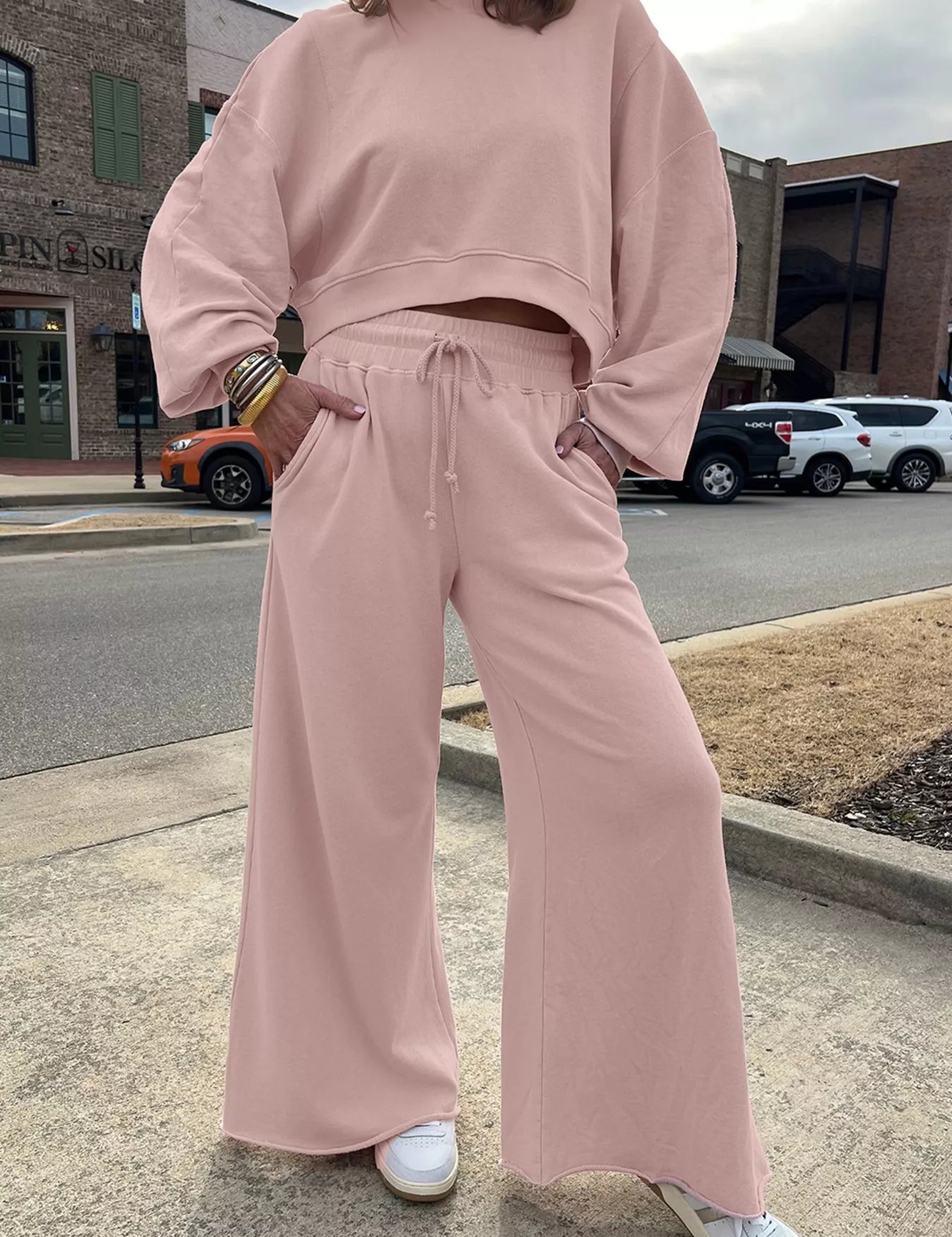 Dusty Pink Drop Shoulder Puff Sleeve Crop Top and Drawstring Wide Leg Pants Set | Loungewear Sets Daverri Fashions