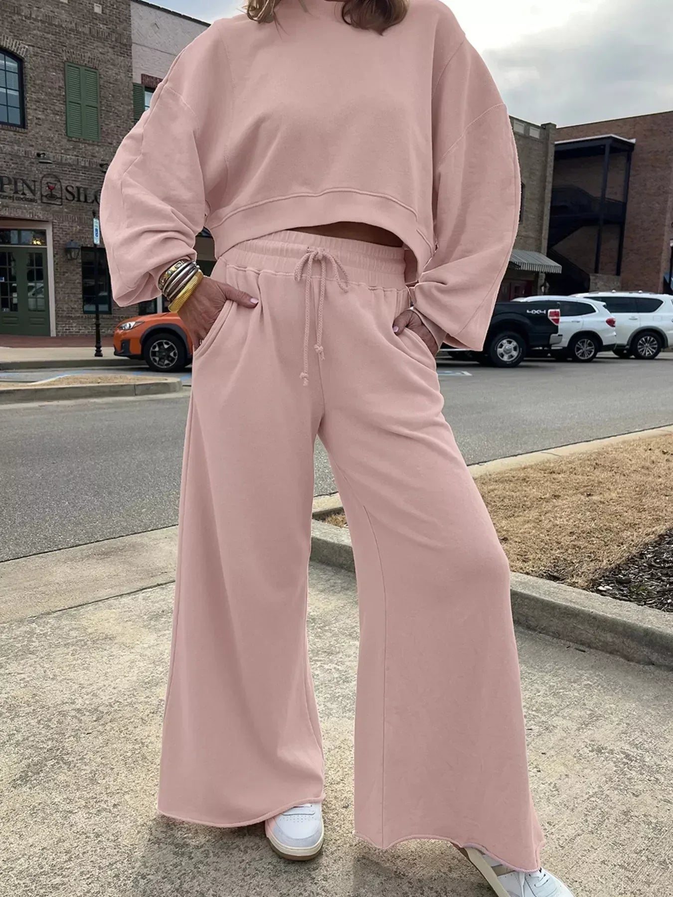 Drop Shoulder Puff Sleeve Crop Top and Drawstring Wide Leg Pants Set - DAVERRI FASHIONS