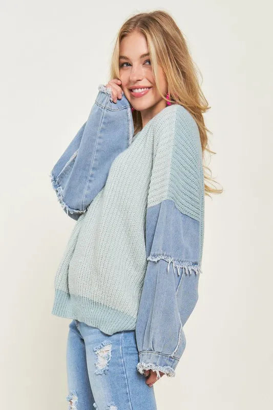 ADORA Plus Size Frayed Denim Sleeve Sweater Top Sweaters