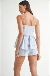 MABLE Stripe Embroidered Peplum Cami and Shorts Set | Outfit Sets Daverri Fashions