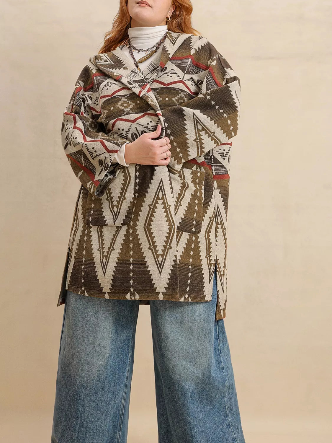Plus size Aztec print hooded open front cardigan with wide-leg jeans
