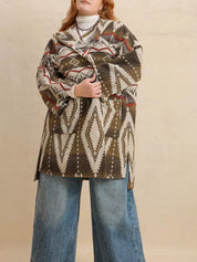 Plus size Aztec print hooded open front cardigan with wide-leg jeans