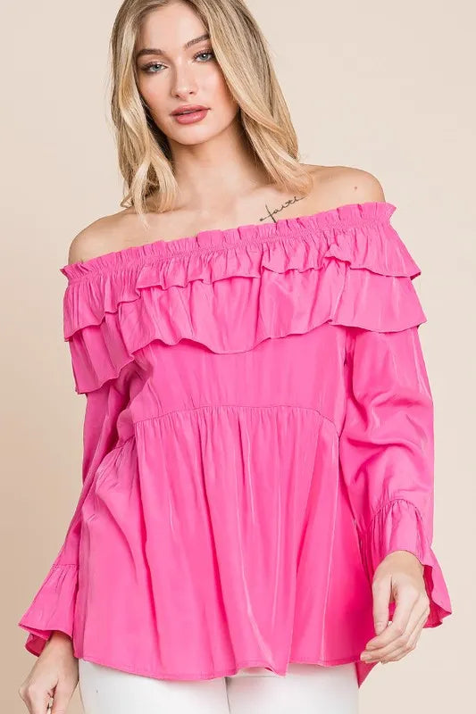 Lime 'N' Chili Ruffled Trumpet Sleeve Off-The-Shoulder Top | Tops Daverri Fashions