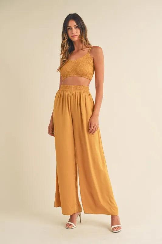 MABLE Smocked Bralette Crop Top and Wide Leg Pants Set Gold Mustard Outfit Sets