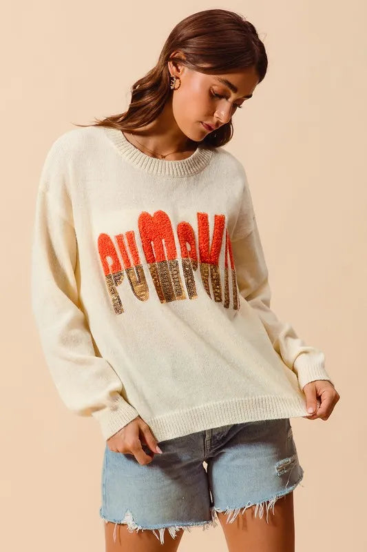 SO ME Contrast Sequin Pumpkin Slogan Sweater Top OATMEAL Sweaters