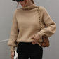 Daverri beige ribbed turtleneck sweater with puffed sleeves