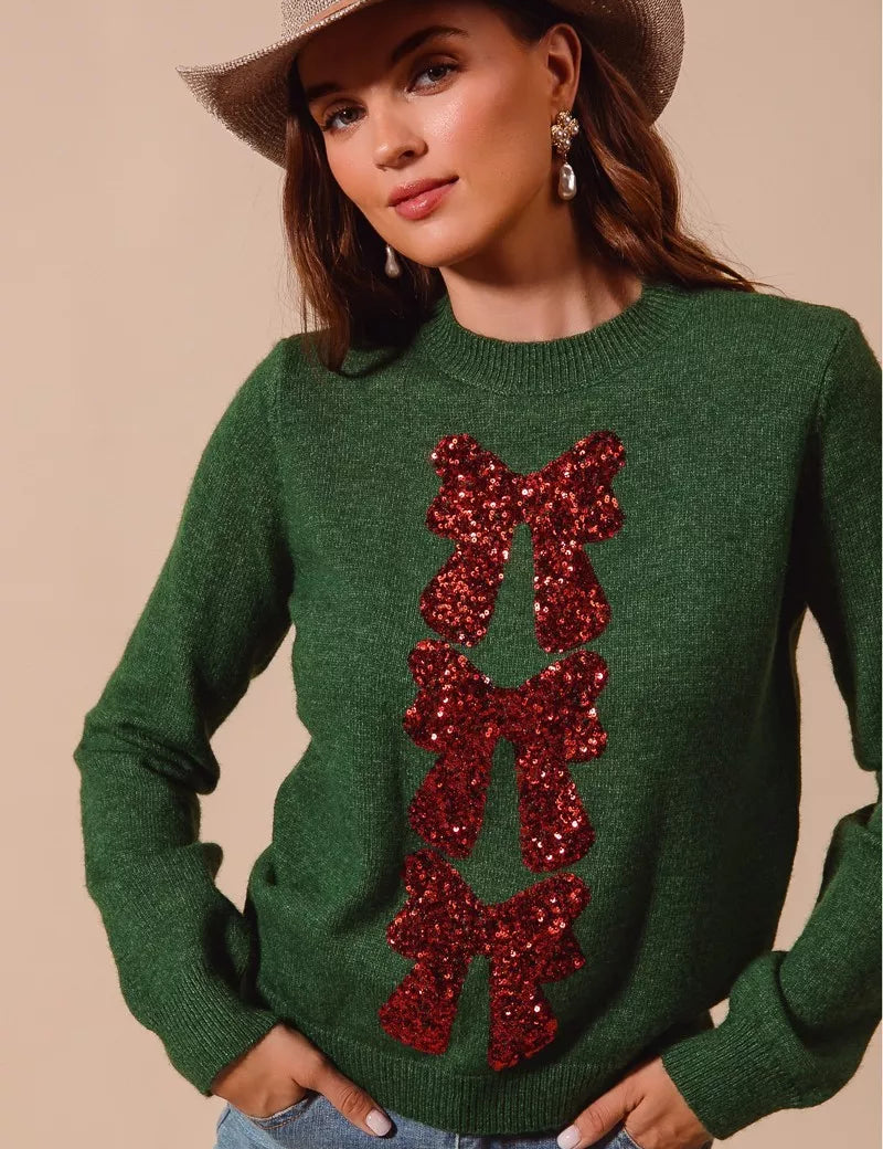 SO ME Sequins Bow Ribbon Embellished Christmas Sweater | Sweaters Daverri Fashions