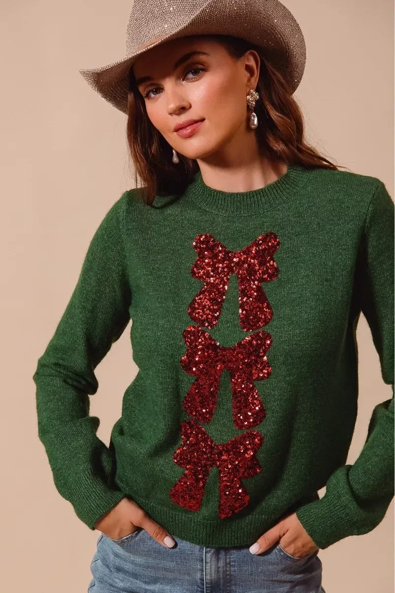SO ME Sequins Bow Ribbon Embellished Christmas Sweater - DAVERRI FASHIONS