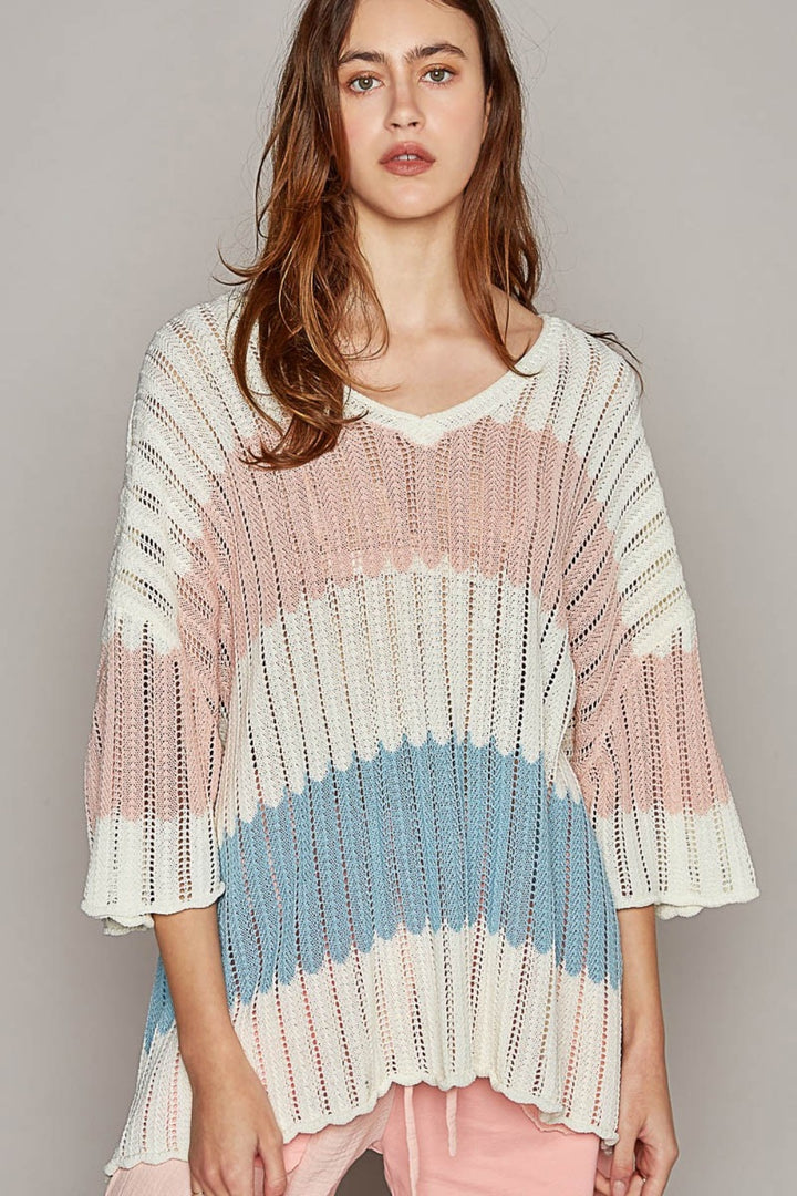 POL V-Neck Short Sleeve Stripe Weave Sweater Ivory Multi M