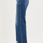 Blue denim high-rise wide-leg jeans with rolled cuffs and striped hem