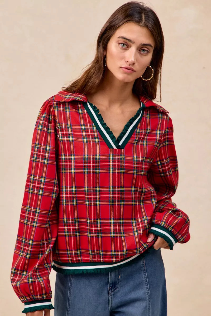 Red plaid flannel BiBi Christmas collared top with ruffles