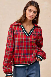 Red plaid flannel BiBi Christmas collared top with ruffles