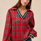 BiBi Christmas Plaid Collared Top with Ruffled Detail - DAVERRI FASHIONS