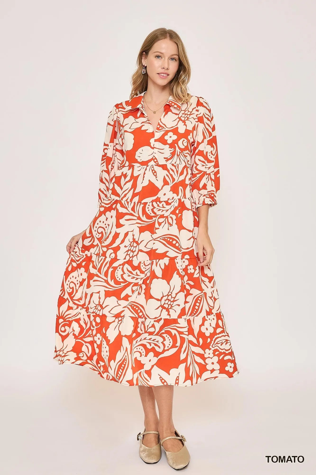 Umgee Floral Print Tiered Midi Dress TOMATO Midi Dresses