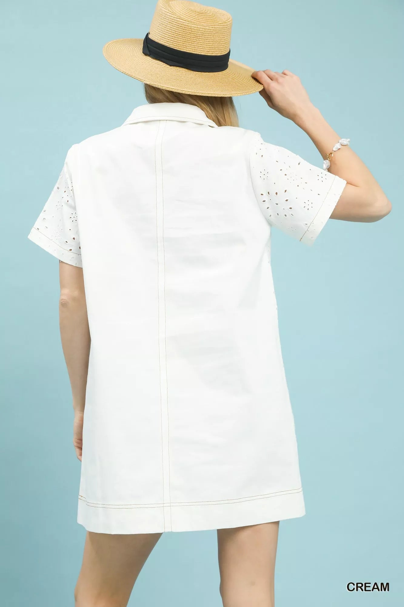 Cream-colored Umgee eyelet short sleeve shift dress with pocket