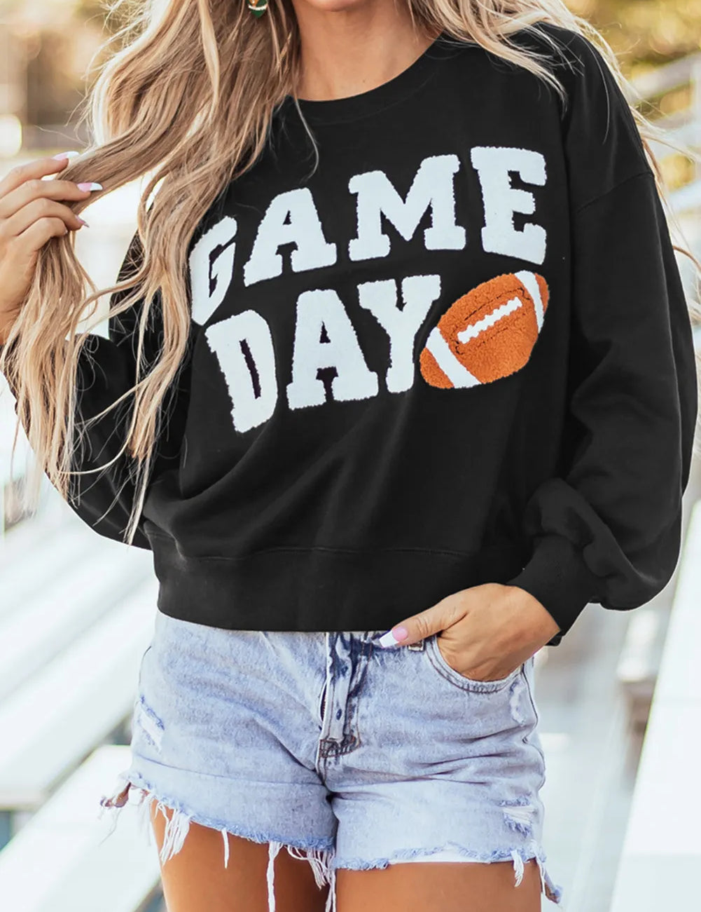 Black GAME DAY Round Neck Long Sleeve Sweatshirt | Sweatshirts Daverri Fashions