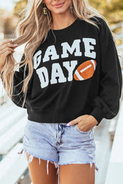 Black GAME DAY Round Neck Long Sleeve Sweatshirt | Sweatshirts Daverri Fashions
