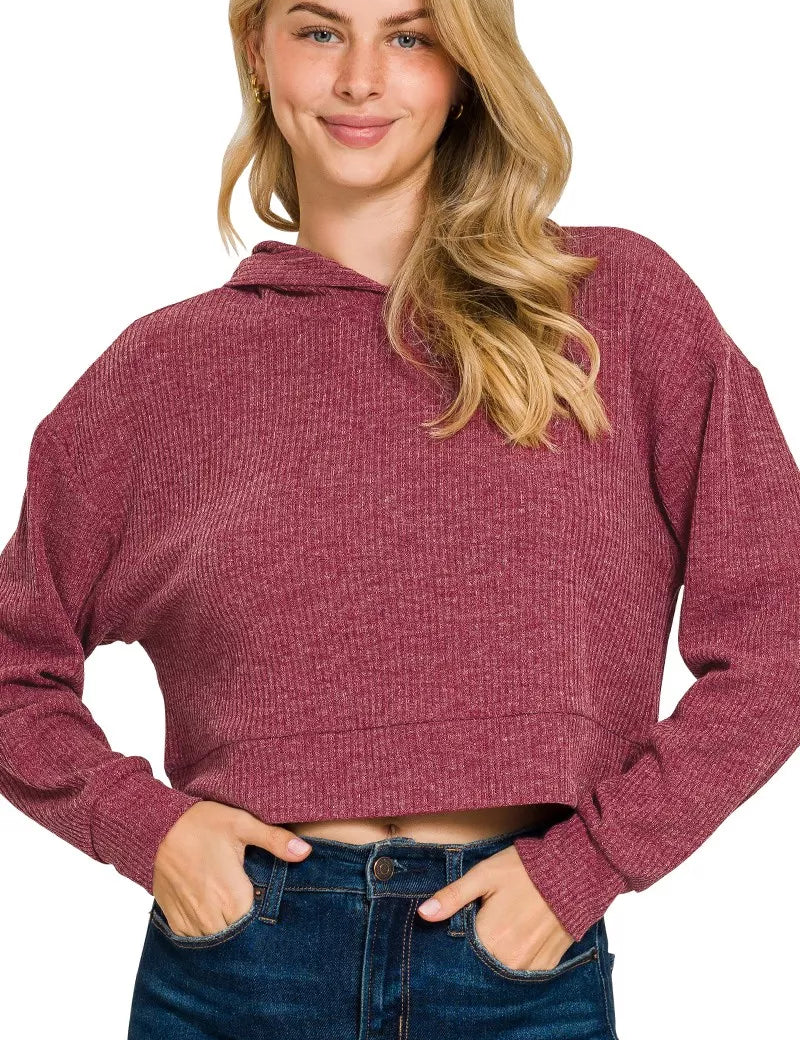 CABERNET Drop Shoulder Ribbed Crop Hoodie Cabernet | Hoodies Daverri Fashions