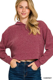 CABERNET Drop Shoulder Ribbed Crop Hoodie Cabernet | Hoodies Daverri Fashions