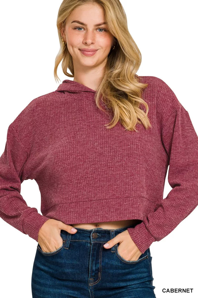 CABERNET Drop Shoulder Ribbed Crop Hoodie Cabernet | Hoodies Daverri Fashions