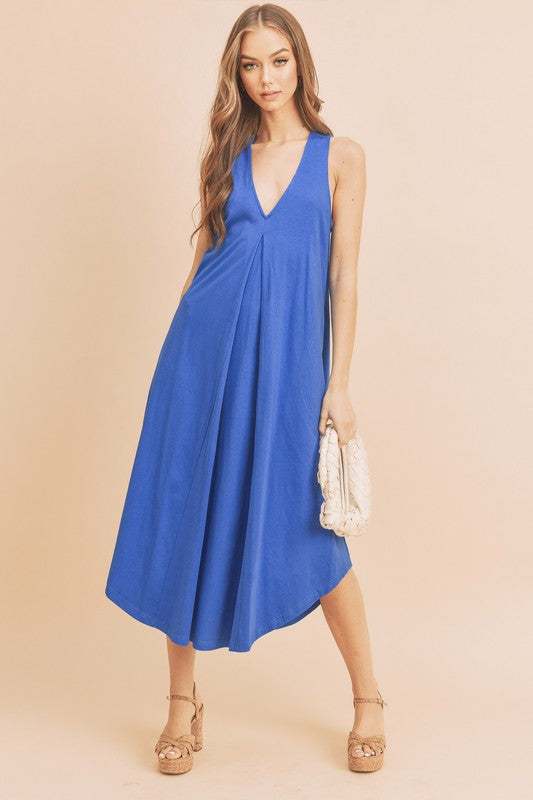 Aemi + Co Front Pleat Detail V-Neck Sleeveless Midi Dress Royal Blue Mid Dresses