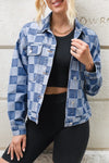 Blue and white checkered button-up long sleeve denim jacket