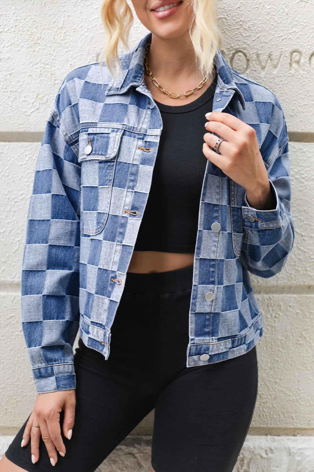 Blue and white checkered button-up long sleeve denim jacket