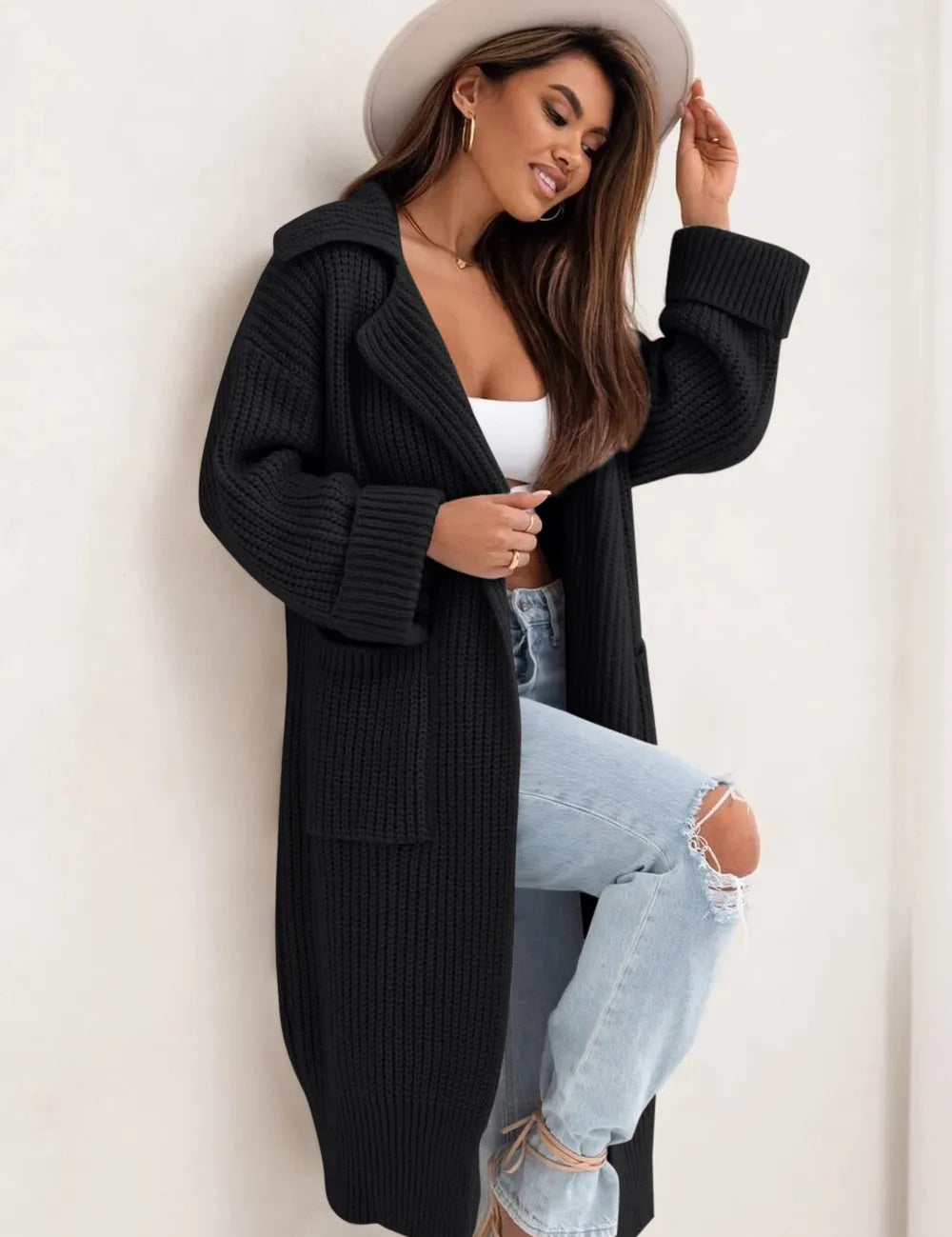 Black One Size Pocketed Collared Neck Dropped Shoulder Cardigan | Cardigans Daverri Fashions