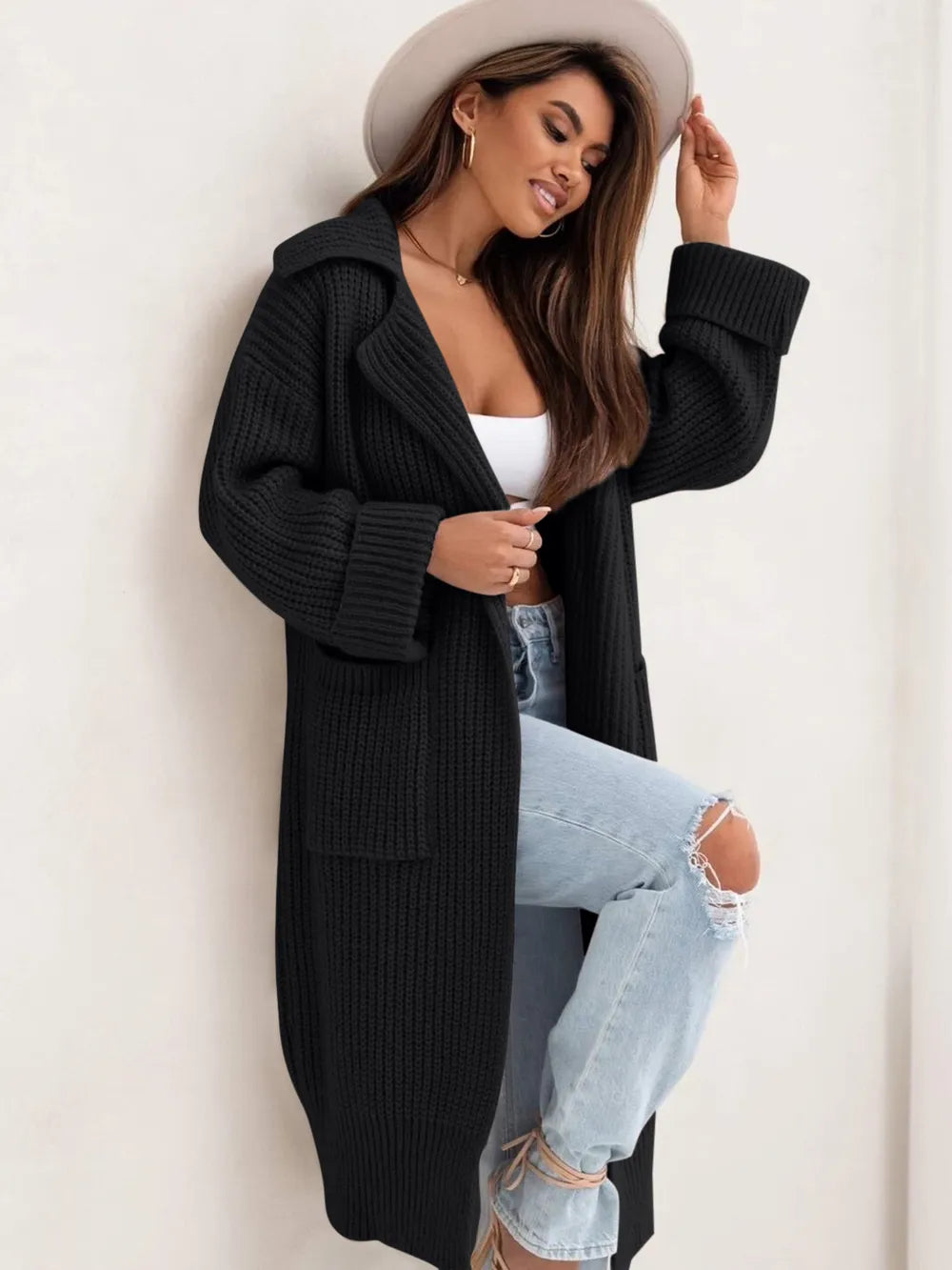 Black One Size Pocketed Collared Neck Dropped Shoulder Cardigan | Cardigans Daverri Fashions