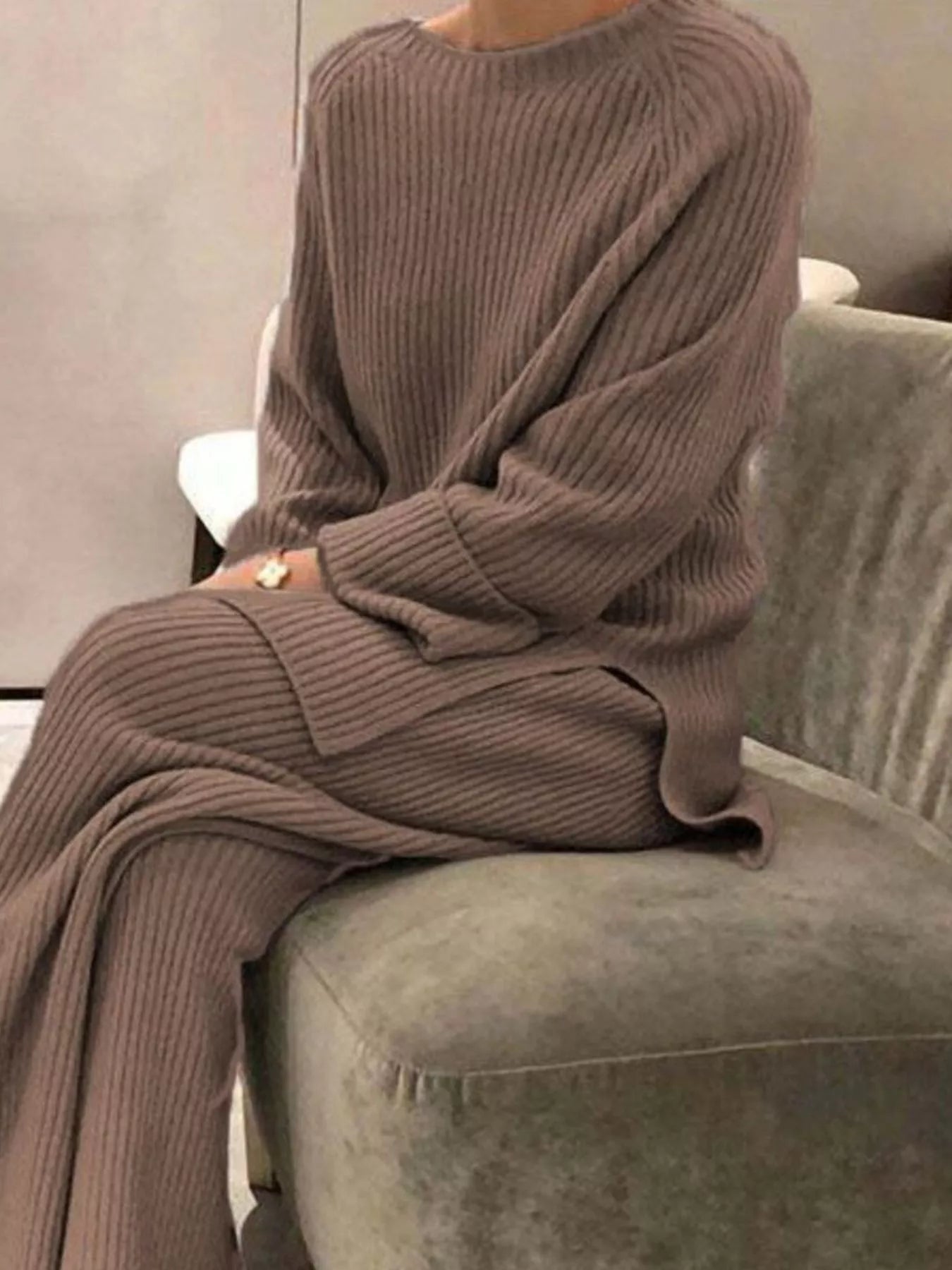 Cozy taupe ribbed knit plus size top and pants loungewear set