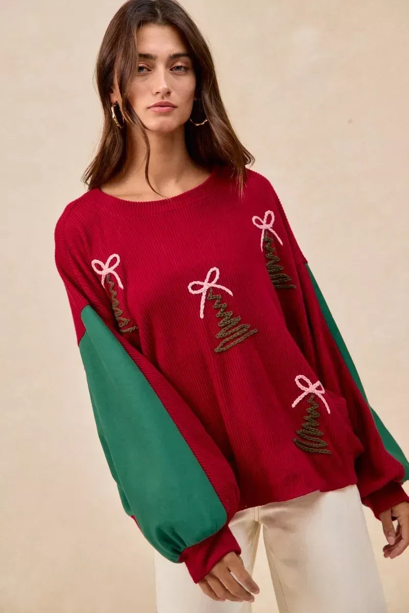 BiBi Christmas Theme Tree Embroidered Sweater - DAVERRI FASHIONS