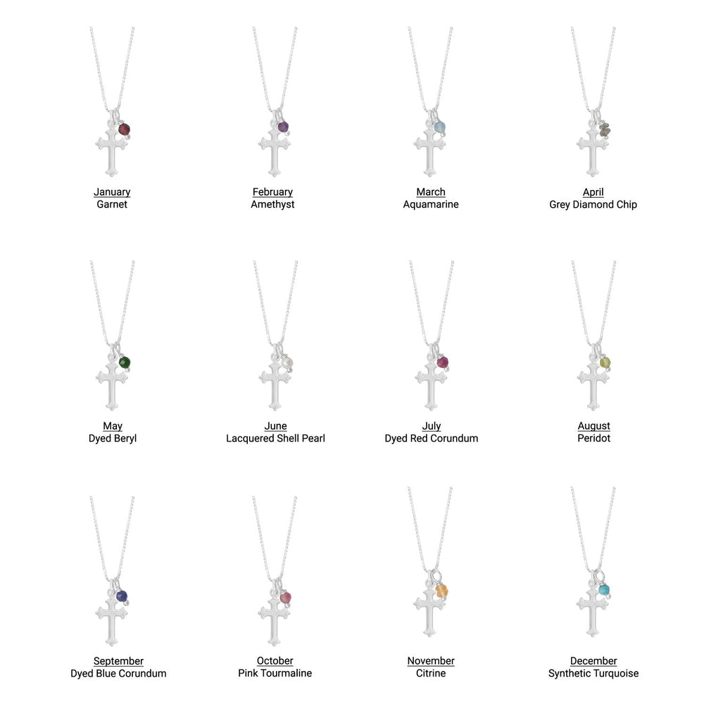 16" Birthstone and Ornate Cross Charm Necklace (All Months) Necklaces