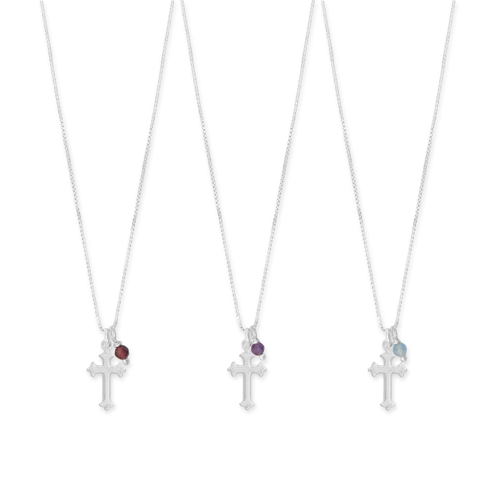 16" Birthstone and Ornate Cross Charm Necklace (All Months) Necklaces