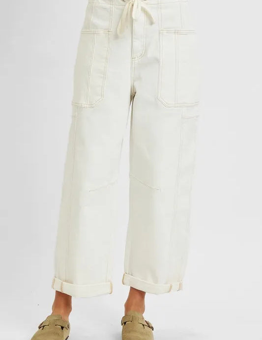 RISEN Full Size High Rise Crop Wide Barrel Cargo Pocket Jeans Plus Size | Cargo Jeans Daverri Fashions
