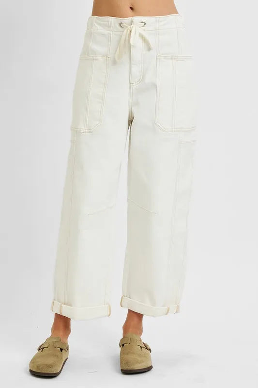 RISEN Full Size High Rise Crop Wide Barrel Cargo Pocket Jeans Plus Size Cargo Jeans