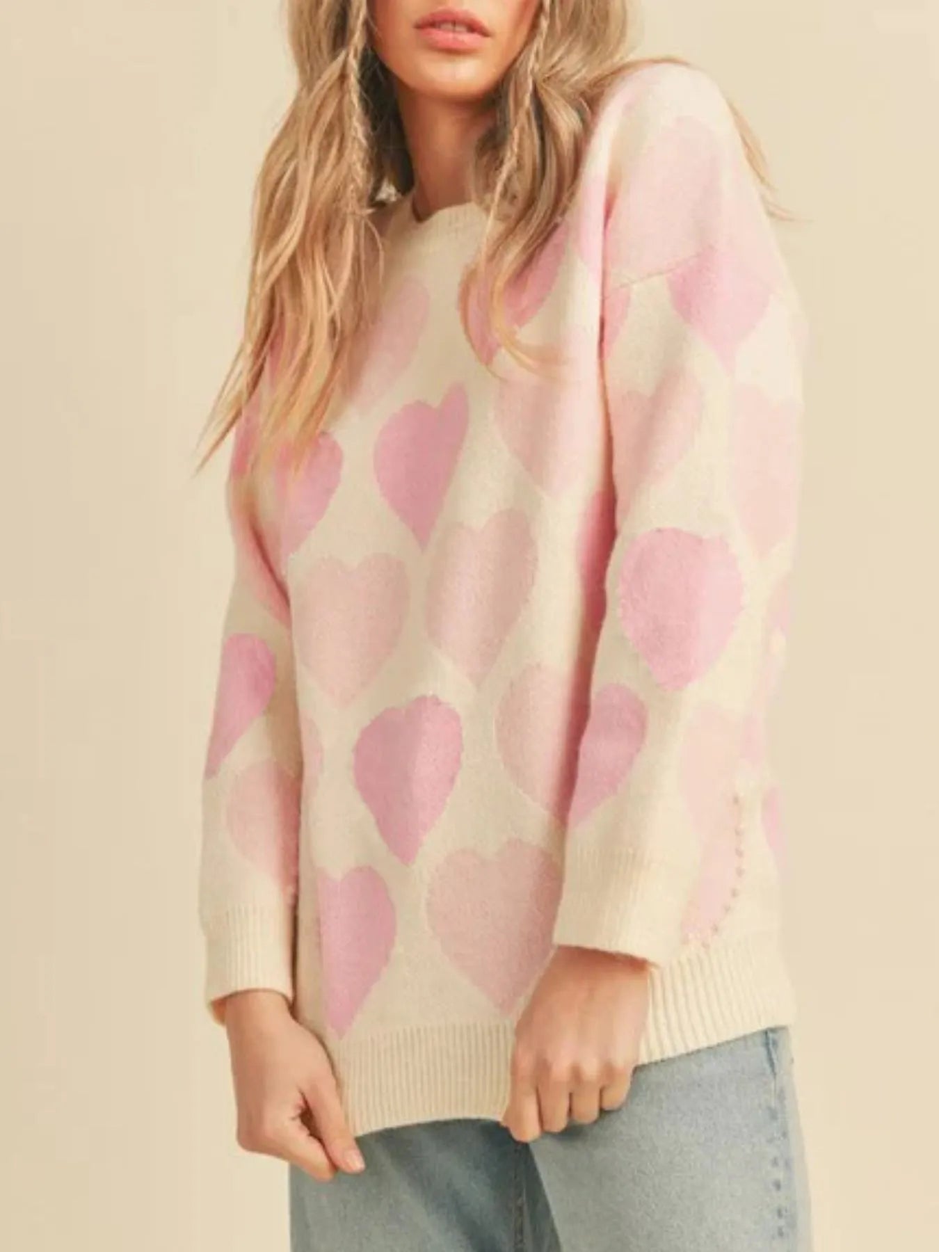 Heart Ribbed Hem Long Sleeve Sweater | Sweaters Daverri Fashions