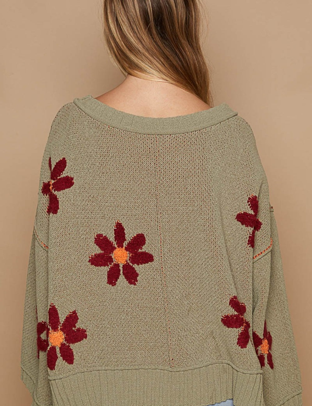 POL V-Neck Floral Pattern Chenille Sweater