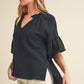 Aemi + Co Side Slit Notched Ruffled Half Sleeve Blouse Blouses