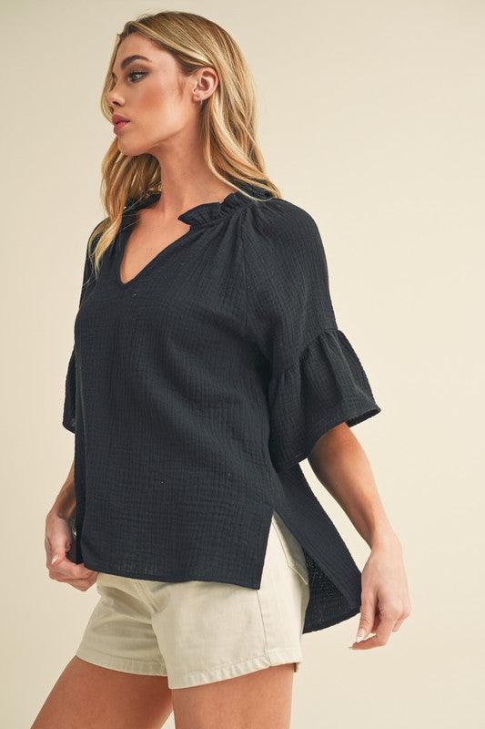 Aemi + Co Side Slit Notched Ruffled Half Sleeve Blouse Blouses