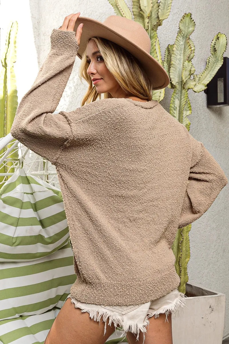 BiBi Raw Edged Popcorn Texture V-neck Sweater Sweaters