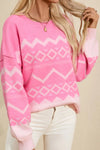 Women’s vibrant pink geometric drop shoulder long sleeve knit sweater
