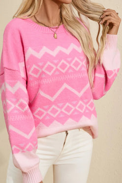 Women’s vibrant pink geometric drop shoulder long sleeve knit sweater