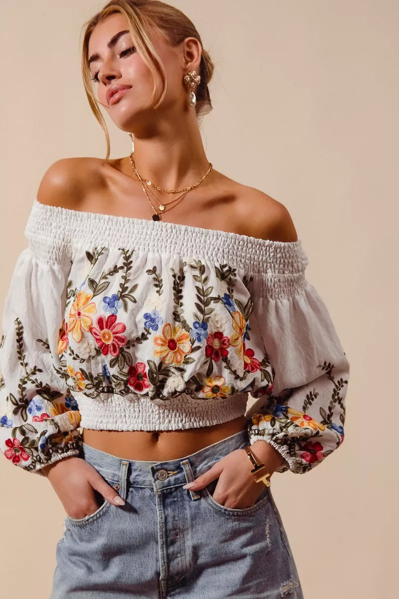SO ME floral embroidered off-the-shoulder crop top