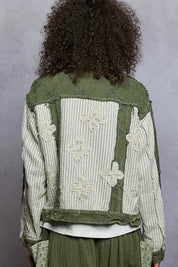 POL Button Down Raw Hem Jacket with Floral Patch | Jackets Daverri Fashions