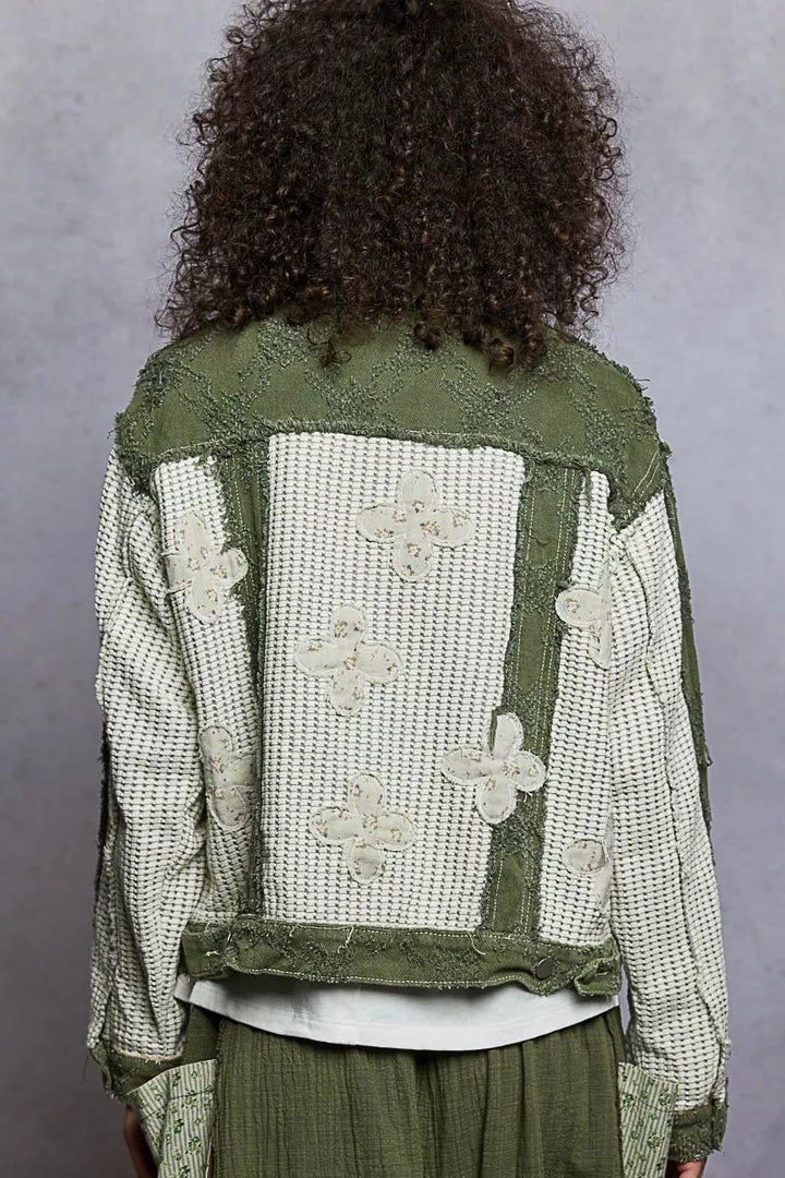 POL Button Down Raw Hem Jacket with Floral Patch | Jackets Daverri Fashions