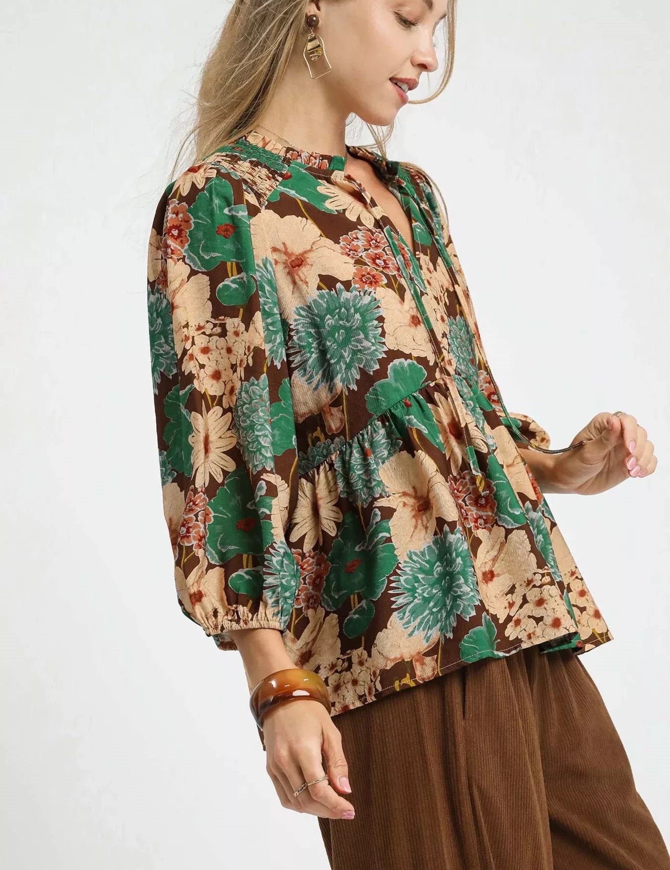 Umgee Mix Floral Peplum Blouse with Tie Neck | Blouses Daverri Fashions