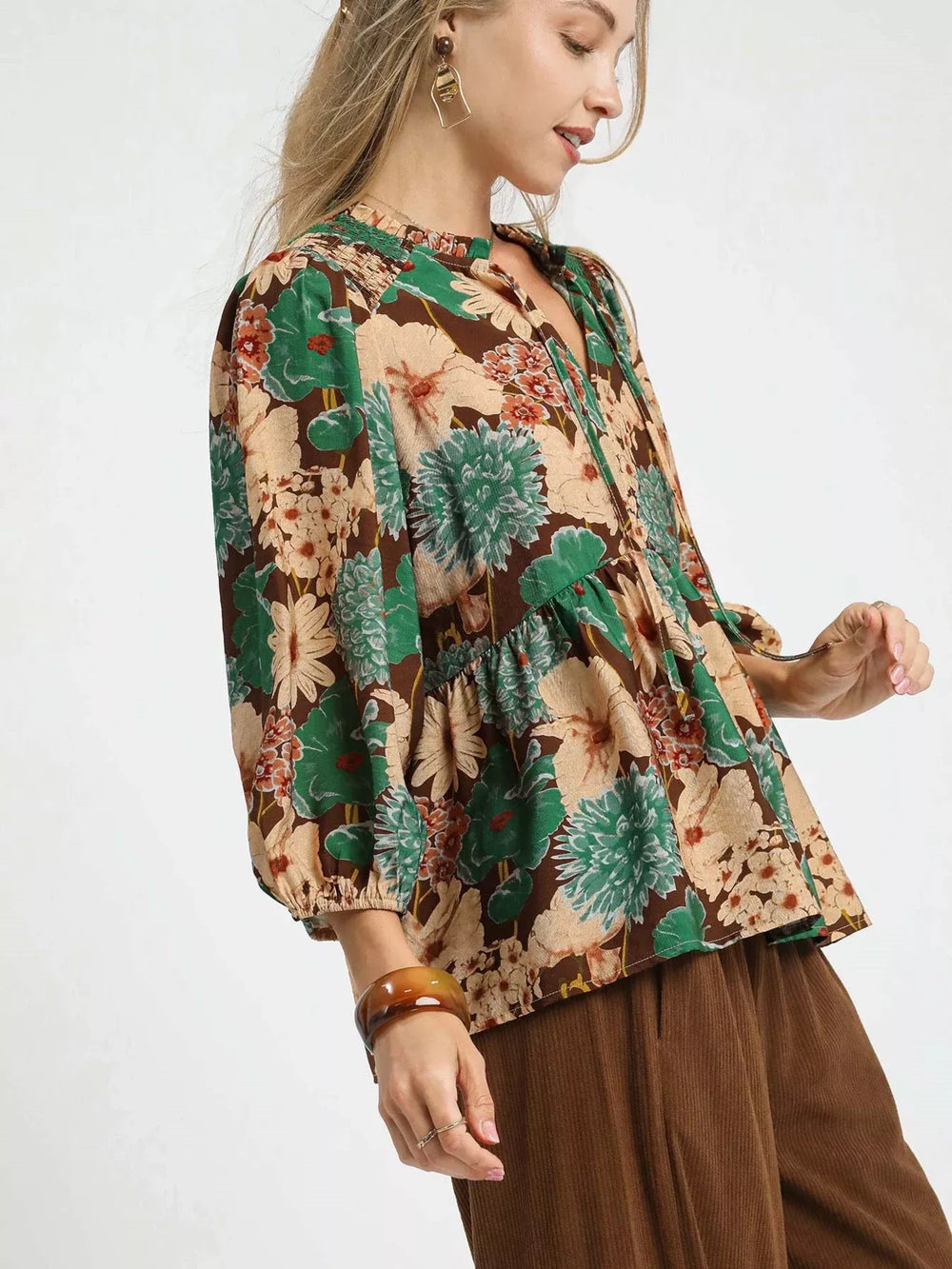 Umgee Mix Floral Peplum Blouse with Tie Neck | Blouses Daverri Fashions