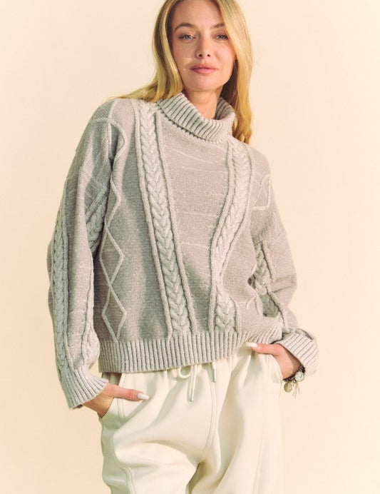 Davi & Dani Cable-Knit Turtleneck Dropped Shoulder Sweater Gray Sweaters