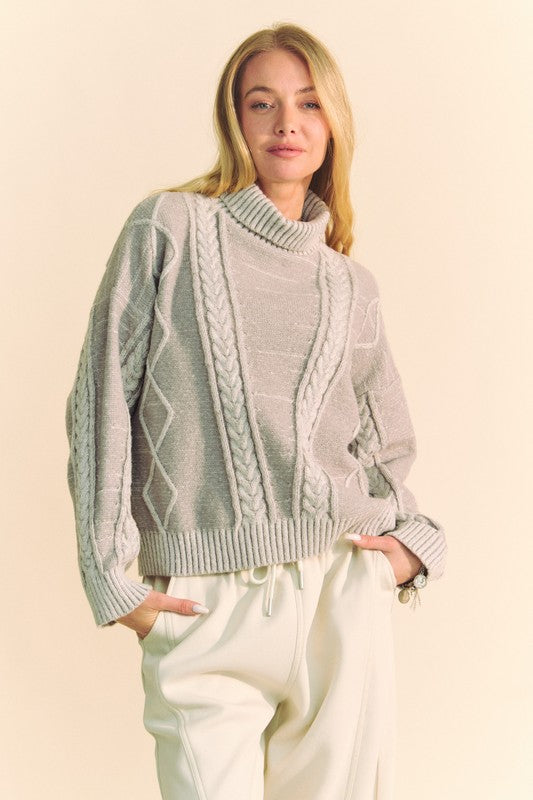 Davi & Dani Cable-Knit Turtleneck Dropped Shoulder Sweater Gray Sweaters