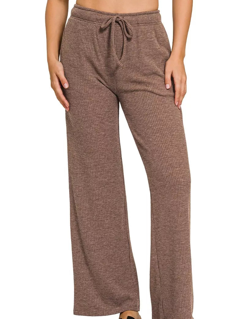 BROWN Ribbed Drawstring Lounge Pants Brown | Lounge Pants Daverri Fashions